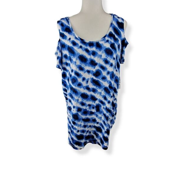 JM Collection Underwater print Cold Shoulder Top 1X - Picture 1 of 3